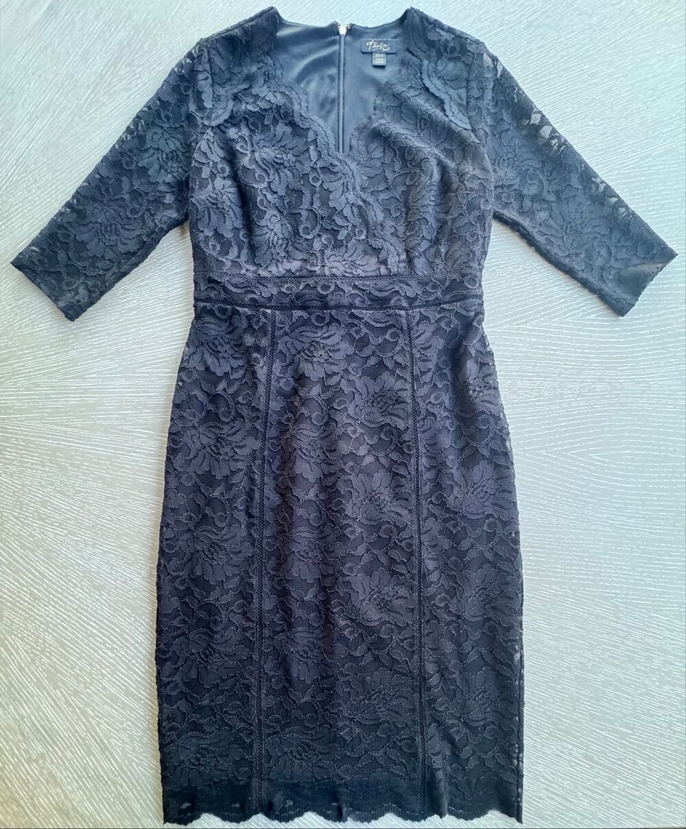 Thalia Sodi Black Floral Lace Sheath Dress Small V-Neck 3/4 Sleeve Fully Lined